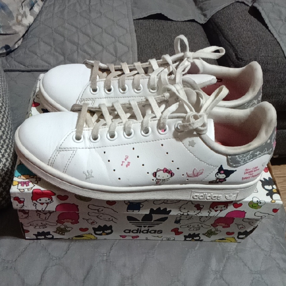 Adidas White Leather Sneakers with Pink and Gray Sanrio Details